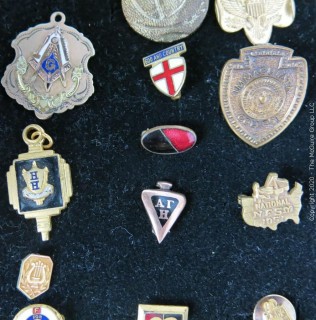 Group of pins; includes school, girl scouts, sports, masons & company service pins.