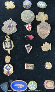 Group of pins; includes school, girl scouts, sports, masons & company service pins.