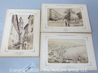 Set of Three Double Sided Antique Photo Cards of the South of France; Includes Nice, Cannes & Menton. Measures approximately 8 1/2" x 6" and are 1/16" thick.