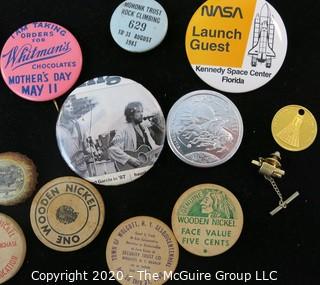 Lot of Souvenir and Event Button Pins and Promotional Wooden Nickels, etc.