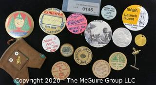 Lot of Souvenir and Event Button Pins and Promotional Wooden Nickels, etc.