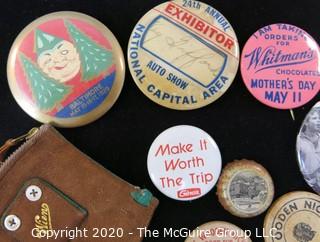 Lot of Souvenir and Event Button Pins and Promotional Wooden Nickels, etc.