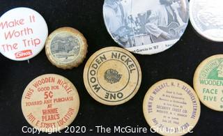 Lot of Souvenir and Event Button Pins and Promotional Wooden Nickels, etc.