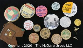 Lot of Souvenir and Event Button Pins and Promotional Wooden Nickels, etc.