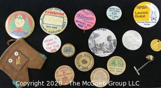 Lot of Souvenir and Event Button Pins and Promotional Wooden Nickels, etc.