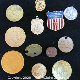 Lot of 12 Medal Tokens or Pins; Includes Police Tags and Pins, Souvenirs, St Christopher Medal and Boys Scouts.