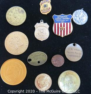 Lot of 12 Medal Tokens or Pins; Includes Police Tags and Pins, Souvenirs, St Christopher Medal and Boys Scouts.