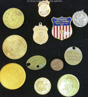 Lot of 12 Medal Tokens or Pins; Includes Police Tags and Pins, Souvenirs, St Christopher Medal and Boys Scouts.