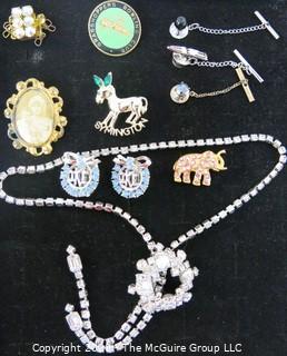 Lot of 11 Pieces of Vintage Jewelry; Photo Mourning Brooch, Political Costume Jewelry and Rhinestone Necklace.