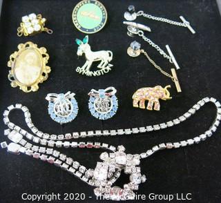 Lot of 11 Pieces of Vintage Jewelry; Photo Mourning Brooch, Political Costume Jewelry and Rhinestone Necklace.