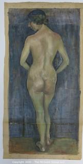 Large Oil on Canvas, Female Nude.  Lost Paint at Fold Line.   Measures approximately 31" x 16".