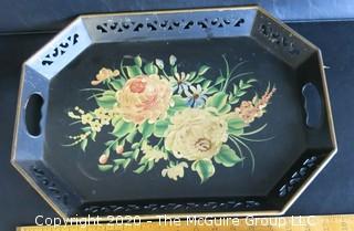 2 Heavy Metal Hand Stenciled Toleware Trays with Pierced Rims. 