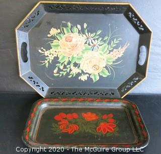 2 Heavy Metal Hand Stenciled Toleware Trays with Pierced Rims. 