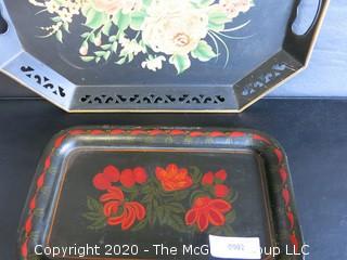 2 Heavy Metal Hand Stenciled Toleware Trays with Pierced Rims. 