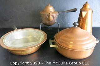 4 Heavy Copper Serving and Cooking Pieces. 