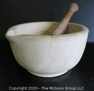 Large Antique ACME Earthenware Pharmacy Mortar & Pestle. Measures Approximately 10" in Diameter and 6" tall.