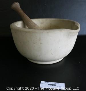 Large Antique ACME Earthenware Pharmacy Mortar & Pestle. Measures Approximately 10" in Diameter and 6" tall.