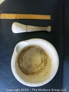 Large Antique ACME Earthenware Pharmacy Mortar & Pestle. Measures Approximately 10" in Diameter and 6" tall.