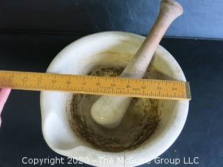 Large Antique ACME Earthenware Pharmacy Mortar & Pestle. Measures Approximately 10" in Diameter and 6" tall.