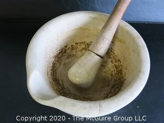 Large Antique ACME Earthenware Pharmacy Mortar & Pestle. Measures Approximately 10" in Diameter and 6" tall.