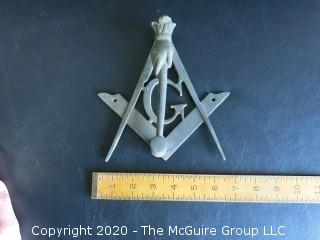 Brass Masonic Freemasons Door Knocker in the Shape of a Compass Square and Hand With Mallet.  Measures Approximately 7" long.