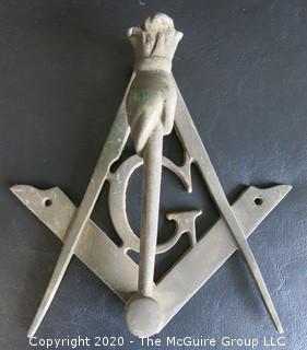 Brass Masonic Freemasons Door Knocker in the Shape of a Compass Square and Hand With Mallet.  Measures Approximately 7" long.