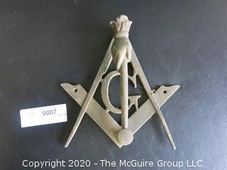 Brass Masonic Freemasons Door Knocker in the Shape of a Compass Square and Hand With Mallet.  Measures Approximately 7" long.