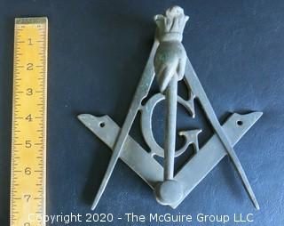 Brass Masonic Freemasons Door Knocker in the Shape of a Compass Square and Hand With Mallet.  Measures Approximately 7" long.