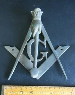 Brass Masonic Freemasons Door Knocker in the Shape of a Compass Square and Hand With Mallet.  Measures Approximately 7" long.