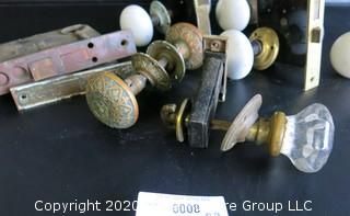 Collection of Antique Door Knobs and Mortise Lock Mechanism Hardware.  Glass, Ceramic and Victorian Brass with Intricate Pattern. 