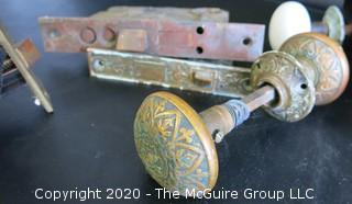 Collection of Antique Door Knobs and Mortise Lock Mechanism Hardware.  Glass, Ceramic and Victorian Brass with Intricate Pattern. 