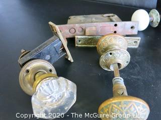 Collection of Antique Door Knobs and Mortise Lock Mechanism Hardware.  Glass, Ceramic and Victorian Brass with Intricate Pattern. 