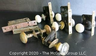 Collection of Antique Door Knobs and Mortise Lock Mechanism Hardware.  Glass, Ceramic and Victorian Brass with Intricate Pattern. 