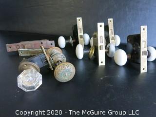 Collection of Antique Door Knobs and Mortise Lock Mechanism Hardware.  Glass, Ceramic and Victorian Brass with Intricate Pattern. 