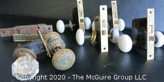 Collection of Antique Door Knobs and Mortise Lock Mechanism Hardware.  Glass, Ceramic and Victorian Brass with Intricate Pattern. 