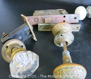 Collection of Antique Door Knobs and Mortise Lock Mechanism Hardware.  Glass, Ceramic and Victorian Brass with Intricate Pattern. 