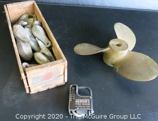 Box of Fishing Weights, Fish Scale and 3 Blade Brass Propeller. 