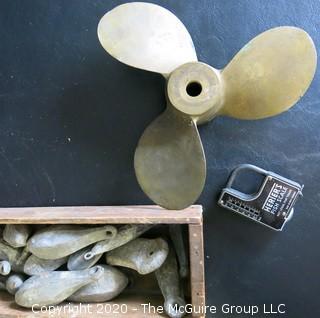 Box of Fishing Weights, Fish Scale and 3 Blade Brass Propeller. 