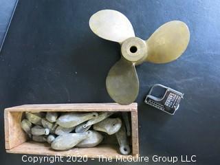 Box of Fishing Weights, Fish Scale and 3 Blade Brass Propeller. 