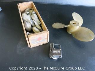 Box of Fishing Weights, Fish Scale and 3 Blade Brass Propeller. 