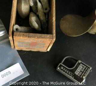 Box of Fishing Weights, Fish Scale and 3 Blade Brass Propeller. 