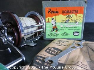 Vintage Penn Jigmaster 500 Fishing Reel. Mint in Box. Includes Instructions, Wrench and Extra Spool.  