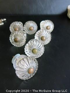 Set of 7 Antique Glass Door Knobs in Scallop Design with Brass Fittings.