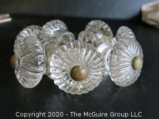 Set of 7 Antique Glass Door Knobs in Scallop Design with Brass Fittings.