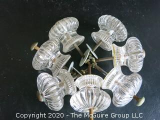 Set of 7 Antique Glass Door Knobs in Scallop Design with Brass Fittings.