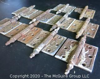 Set of 10 Brass Victorian Door Hinges with Ornate Design.  2 Have damage.  