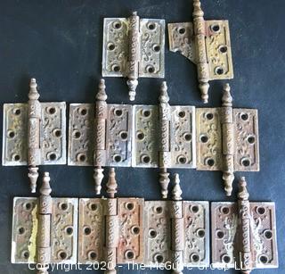 Set of 10 Brass Victorian Door Hinges with Ornate Design.  2 Have damage.  