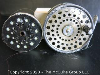 Fly Fishing Reel.  Hardy Brothers Ltd (with rust) and Pflueger Medalist spool. 