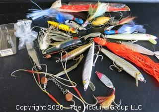 Group of Large Vintage Fishing Lures in Bright Colors and Materials. 