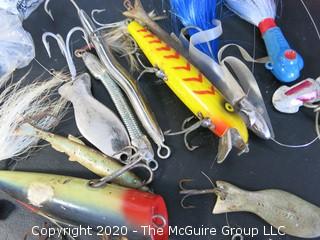 Group of Large Vintage Fishing Lures in Bright Colors and Materials. 